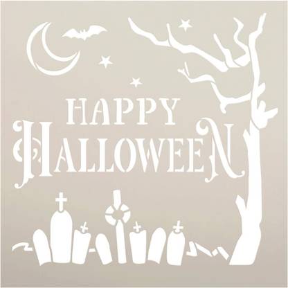 Devasya Crafts Happy Halloween Graveyard Stencil with Moon | DIY Fall Home Decor | Paint Wood Signs | Reusable Template | Size (18 x 18 inch) | Stencil