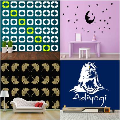 JAZZIKA Combo Stencils for wall painting (Size:- 16 X 24 Inch) Theme-"Bloomy " "Stars With Moon", "Grasp Leaf", "Adiyogi Ji" Design Ideal For Painting Home Wall Decor Stencil