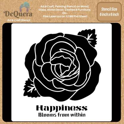 DEQUERA DeQuera Rose Stencil for Art and Craft - Happiness Blooms from Within- Reusable DIY Stencils of Rose Flower - Rose Flower Stencils for Painting on Canvas Size 6 Modern Craft Stencil Stencil