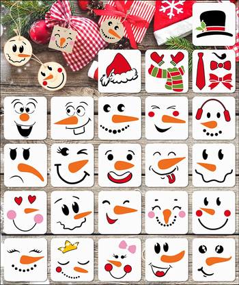 Kachi Pencil 24PCS Snowman Face Stencils, 3 x 3 Inch Small Christmas Stencils for Painting on Wood Slice DIY Crafts Christmas Ornaments For Art & Craft Stencil