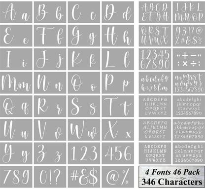 DEQUERA Letter Stencils for Painting on Wood - 46 Pack Large Alphabet Stencil Templates with Numbers and Signs, Reusable Letters and Numbers Stencils in 4 Fonts and 346 Designs for Wood Burning & Wall Art Stencil