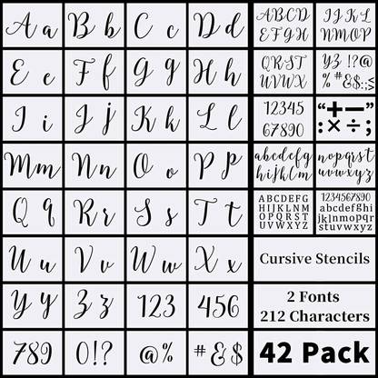 DEQUERA Large Letter Stencils for Painting on Wood-42 Pack Alphabet Letter Number Stenci l Templates with Signs-Reusable Cursive Letters and Numbers Stencils in 2 Fonts and 212 Characters for DIY Crafts Stencil