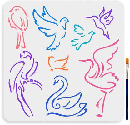 Devasya Crafts 8 Style Art Bird Stencil 11.8×11.8inch Flying Bird Silhouettes Drawing Stencils with Painting Brush Hummingbird Swan Parrot Painting Stencils for Wood Canvas Paper Fabric Wall Decor Stencil