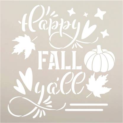 Devasya Crafts Happy Fall Yall Stencil | DIY Autumn Farmhouse Home Decor | Craft & Paint Wood Sign | Reusable Mylar Template | Leaves Heart Pumpkin Cursive Script | Size (9 inches x 9 inches) Stencil