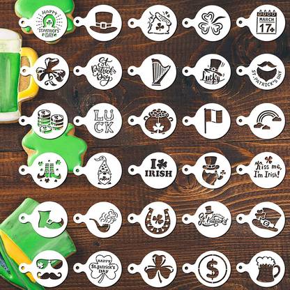 IVANA'S 30 Packs Coffee Stencils Cookie Stencil St.Patrick Day Stencils St.Patrick Day C ake Decorations Reusable Cake Stencil Templates Decoration for Holiday Kitchen D essert Coffee DIY Baking Decorating Stencil