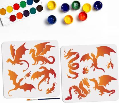 Devasya Crafts 2pcs Dragon Flame Stencil 11.8×11.8inch 8 Dragons Large Western Dragon Template with Paint Brush Square Dragon Theme Stencils for Wood Canvas Fabric Wall Furniture Decorations DIY Projects Stencil