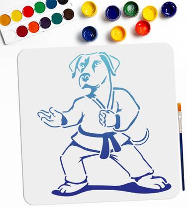 Devasya Crafts Taekwondo Dog Sport Stencil 11.8×11.8inch Large Dog Martial Arts Stencils Reusable Kung Fu Theme Template with Paint Brush for Wood Walls Canvas Furniture Crafts Art Projects Stencil