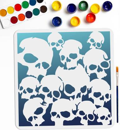 Devasya Crafts Skull Pattern Stencils 11.8×11.8inch Large Scary Skull Template with Paint Brush Halloween Theme Skeleton Drawing Stencil for DIY Projects Crafts Furniture Canvas Wall Decor Stencil