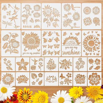 Devasya Crafts Two Sizes of 24 Pieces Butterfly Sunflower Stencil Spring Summer Stencil Template Bird Leaf Drawing Template Reusable Painting Stencil and Metal Open Ring for Painting and DIY Stencil