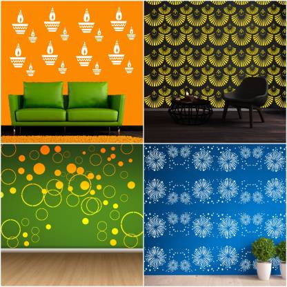 ARandNJ Painting Wall Stencils (Size :- 16 X 24 Inch) PATTERN- "World of Circle", "Diya", "Roofed Chandelier", "Fireworks Art" Design Suitable For Home Wall Decor Stencil