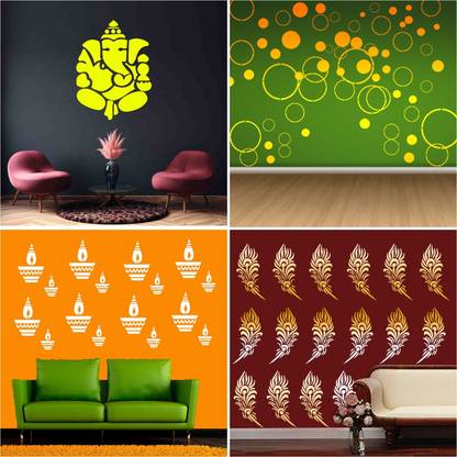 JAZZIKA Combo Stencils for wall painting (Size:- 16 X 24 Inch) Theme-Ganpati Ji", "World of Circle", "Diya", "Mayuri Feather" Design Suitable For Painting Home Wall Decor Stencil