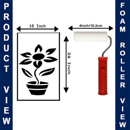 ARandNJ Stencils for wall painting (Size:- 16 X 24 Inch) Theme:-"Flower Pot Art "With" Paint Roller"(Size 4 Inch) Print DIY Reusable Painting Design Suitable for ,BedRoom, Entrance Room, Living Room Modern Home Wall Arts Stencil
