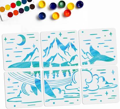 Devasya Crafts 6pcs Whale Mountain Stencils Whale Stencils Splicing Template Size 35.4×23.6inch Moon Star Pattern PET Plastic Reusable for DIY Animal Stencils for Painting on Wood, Fabric, Walls Stencil