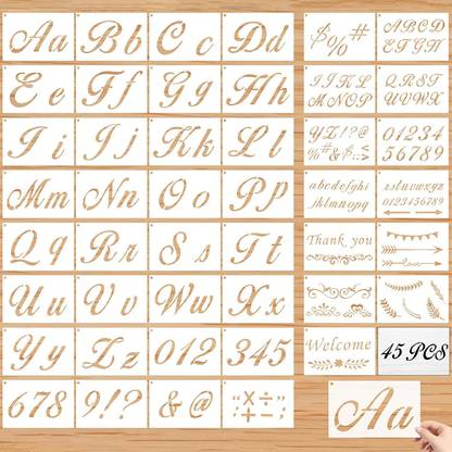 DEQUERA Letter Stencils for Painting on Wood, 45 Pcs Letter and Number Templates Reusabl e Alphabet Stencils with Calligraphy Upper Lowercase Letters, Numbers and Signs Plastic Art Craft Stencils Stencil