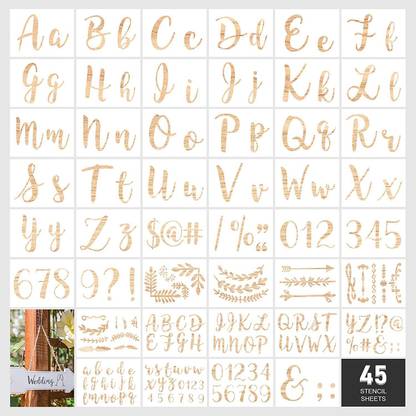 IVANA'S 45 Reusable Pieces Letter Stencils, Boutique Calligraphy Stencil Template Kit wi th Lettering Upper and Lowercase Both Large and Small, Numbers Punctuation Leave s Flowers for Art Craft (7.04 x 5 Inch) Stencil
