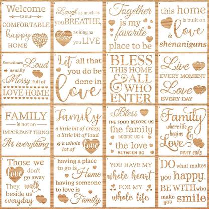 IVANA'S 16 Pieces Word Stencils Family Sign Stencils Love Home Stencils Template Word Ar t Template Reusable Painting Stencil with Metal Open Ring for Painting on Wood W all Decor (7.87 x 7.87 Inch) Stencil