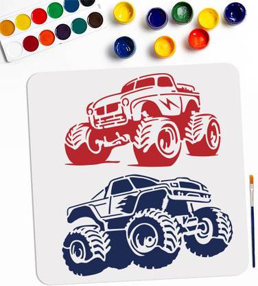 Devasya Crafts Monster Truck Stencils 11.8×11.8inch 2 Styles Big Tires Design Off-Road Vehicle Drawing Templates with Paint Brush Reusable Vehicle Theme Stencils for Crafts Art Furniture Wood Canvas Stencil