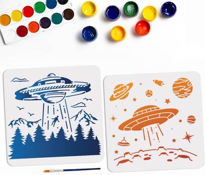 Devasya Crafts 2pcs UFO Planet Space Stencils 11.8×11.8inch Large Spaceships Stencil Template with Paint Brush Square Space Theme Stencils on Wood Canvas Fabric Wall Furniture Room Decor Stencil