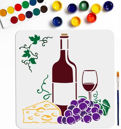 Devasya Crafts Wine Grape Cheese Stencil 11.8×11.8inch Large Red Wine Bottles and Glasses Stencils with Paint Brush Reusable Grape Leaf Vine Drawing Template for Craft Furniture Fabric Wall Stencil