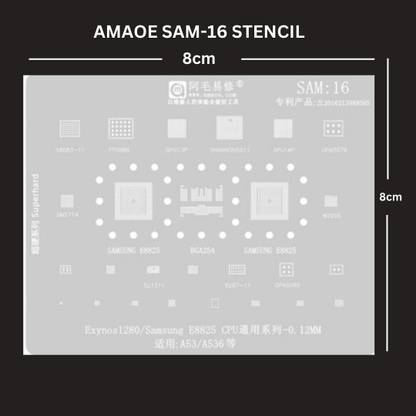 AKT AMAOE SAM-16 STENCIL Power Amplifier IC Chip Reball IC Pin Heat Tin Plant Net Steel Mesh 0.12mm Amaoe SAM 16 BGA Reballing Stencil For Samsung A53/A536 Exynos1280 E8825 CPU Stencil