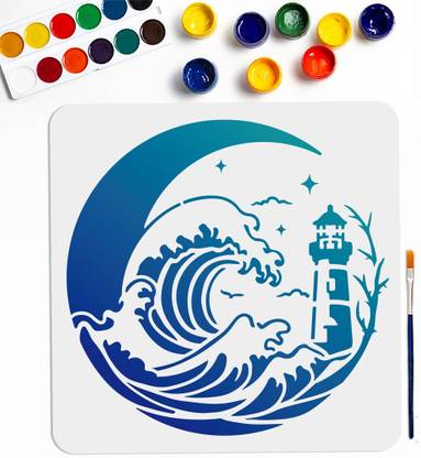 Devasya Crafts Moon Waves Lighthouse Stencil 11.8×11.8inch Large Nautical Lighthouse Sea Waves Stencils with Paint Brush Moonlight Ocean Lighthouse Scenery Drawing Template for Craft Furniture Fabric Wall Stencil