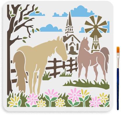Devasya Crafts Paint Brush Reusable Village Animal Windmill Wildflower Drawing Template for Walls Furniture Fabric Wood Canvas Stencil