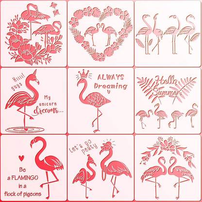 IVANA'S 9 Pieces Large Size Flamingo Stencils 12 x 12 Inch Reusable Words Leaf Stencils Laser Cut Painting Templates DIY Tropical Stencils for Wall Tile Fabric Furnitur e Painting, 9 Styles Stencil