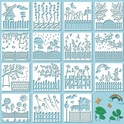 Devasya Crafts 15 Pieces Fence Flower Garden Stencils Bird Tree Drawing Template Reusable Laser Cut Stencil for Painting on Wood Wall Tile Paper Canvas, 15 Styles NST-39 Stencil