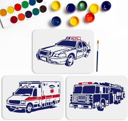 Devasya Crafts 3pcs Car Ambulance Police Car Stencil 11.7×8.3inch Large Car Themed Stencils with Paint Brush Fire Engine Vehicle Stencil Template for Canvas Wall Wood DIY Craft Home Decor Stencil