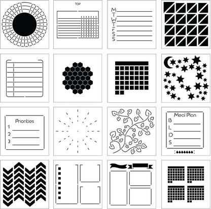 DEQUERA Portable Planner Stencils - x16 Small Square Journal Stencils with Templates for Habit Trackers, Calendars, Checklists, Meal Plans - Journaling Supplies Kit & P lanner Accessories for Bullet Journals Stencil