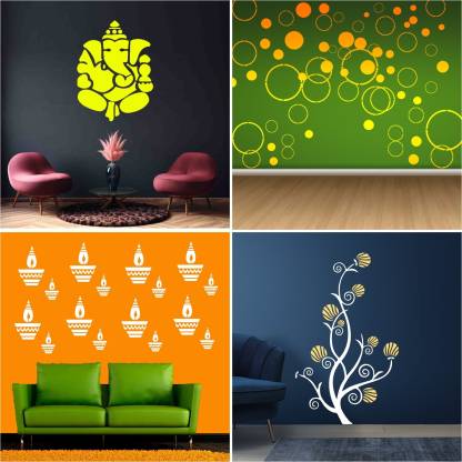ARandNJ Painting Wall Stencils (Size :- 16 X 24 Inch) PATTERN- "Ganpati Ji", "World of Circle", "Diya", "Blossom Tree" Design Suitable For Home Wall Decor Stencil