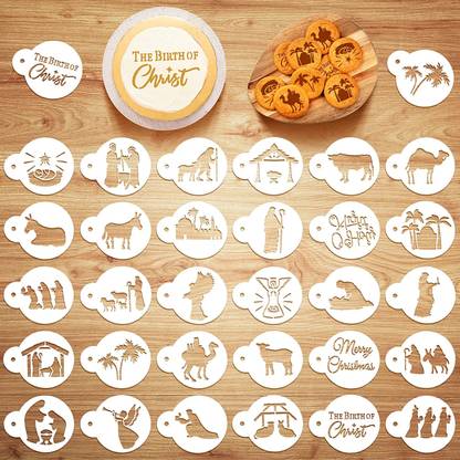 Kachi Pencil 30 Pcs Christmas Cookie Stencils Fondant Cupcake Stencil Coffee Painting Mold To ols Baking Nativity Scene Stencils Xmas Wisemen Shepherd Reble Plastic Stencil f or Holiday DIY Craft Party Supplies Stencil