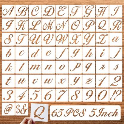 DEQUERA 5 Inch Letter Symbol Stencils for Painting on Wood, 65 Pcs Alphabet Drawing Temp lates with Calligraphy Large Font and Cursive Letters Numbers Signs, Reusable Pl astic Art Craft Stencils Stencil