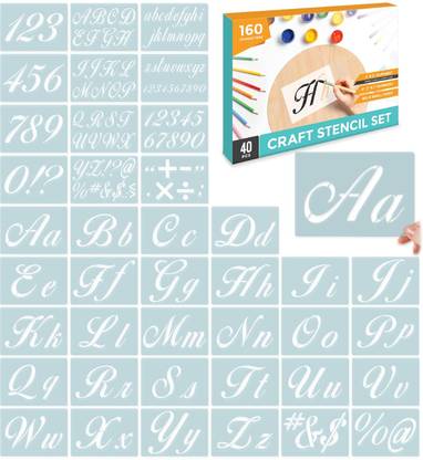 Devasya Crafts Letter Stencils For Painting On Wood-Alphabet Stencils Calligraphy Font Upper&Lowercase Cursive Stencil Letters Templates Reusable Plastic Art Diy Craft With Numbers Signs Set Of 40 Pcs Kit NEWLET-227 Stencil