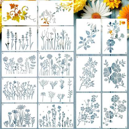 IVANA'S 16 PiecesÂ Small Flower Stencil Assorted Stencils Wild Flower Stencils Template for DIY Small Painting Stencils Spring Stencils for Painting Reusable Flower St encil for Wood Canvas Paper Fabric Wall Stencil