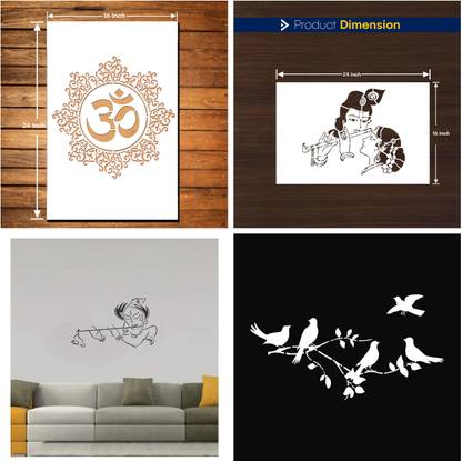 DAMYA DECORE WALL PAINTING FOR (SIZE 16X24 INCH) OM DESIGN, RADHA KRISHNA , KRISHNA FLUTE & COUPLE BIRD ART STENCIL DESIGNS SUITABLE FOR ROOMS, HALLS, CRAFT, CEILING, ETC. Stencil