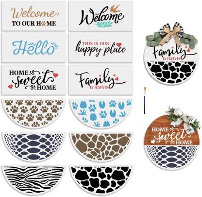 Devasya Crafts 12pcs Animal Print Footprints Welcome Stencils 12inch Reusable Half Round Stencils Free Combination Style Home Welcome Letters Stencils on Wood Sign and Front Door with Paint Brush Stencil