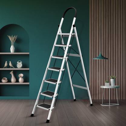Plantex Anti-Skid Strong Foldable Wide 7 Step Ladder/Ladder for Home-(White-Apex) Steel Ladder