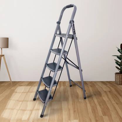 iBELL IBL T005E 5 Step Foldable Ladder with 150 kg Capacity, Wide Anti-Skid Steps Steel Ladder