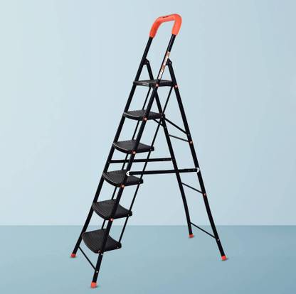 Bathla Ascend 6 Step Heavy Duty Steel Ladder for Home - Orange & Black Steel Ladder