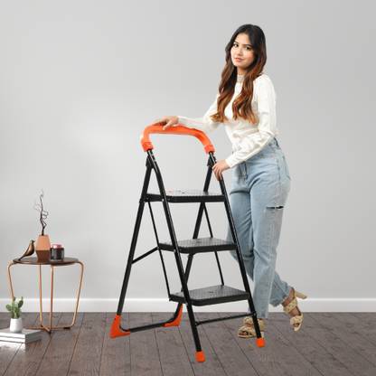 CIPLA PLAST LifeStyle 3 Step Ladder | Steel Heavy Duty Strong | Wide Steps Ladder (Black) Plastic Ladder