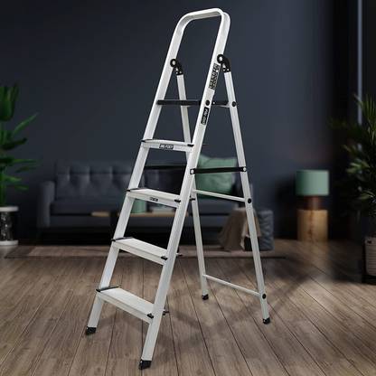 Plantex Premium Big Foot Aluminium Foldable 5 Step Ladder for Home - 5 Wide Steps Ladder Aluminium Ladder