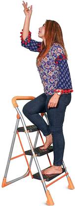 AJAAQI 3 Step orange diamond ladder anti-skid & folding ladder made in india Steel Ladder