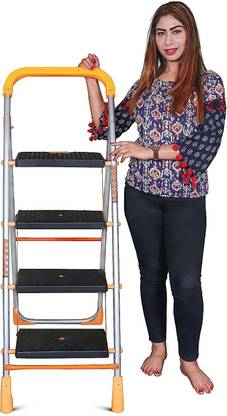 AJAAQI 4 Step Orange Diamond Heavy-Duty Ladder Folding Ladder Made in India Mild Steel Ladder