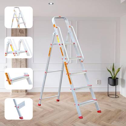 Prime Safe Pro 5Step (4+1) Foldable Ladder for Home and Office Use with Hand-Rails| Aluminium Ladder