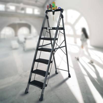 Plantex Hulk Heavy-Duty MS 6 Step Ladder with Advanced Locking System (Grey-Metallic) Steel Ladder