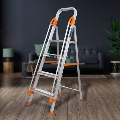 Impulse by Plantex Secura Fully Aluminium Foldable 4-Step Ladder with Safe Hand Rail(Orange-Silver) Aluminium Ladder