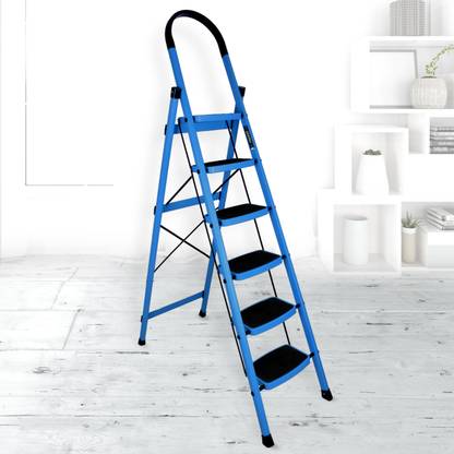IMPULSE Prime Steel Folding 6 Step Ladder for Home - 6 Wide Anti Skid Steps (Blue & Black) Steel Ladder