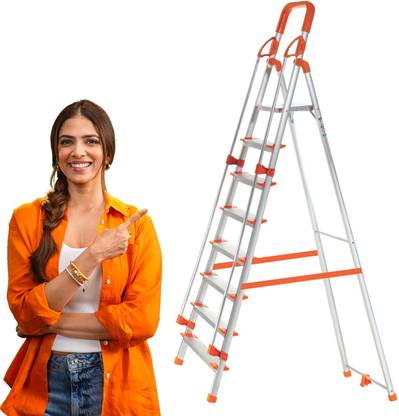ProHome 8 Steps Ladder with Railing and Anti Slip Shoes Aluminium Ladder