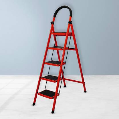Cheston MS Steel Red Ladder for Home 5 Steps Foldable Anti Skid Load 150+ Kgs Steel Ladder